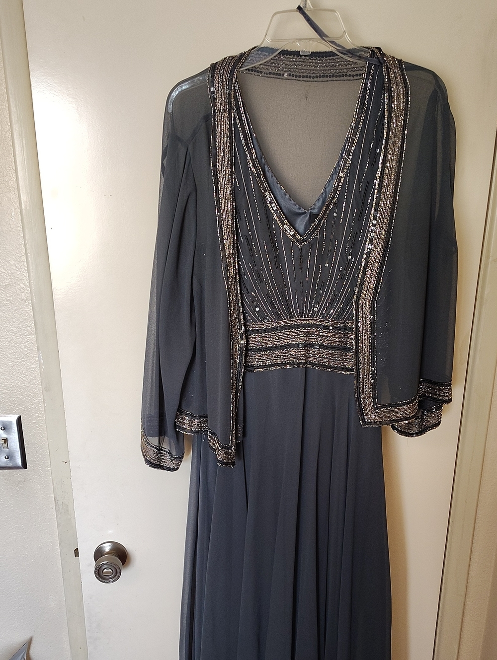 J Kara Dark Gray Beaded Evening Dress with Sheer Jacket
